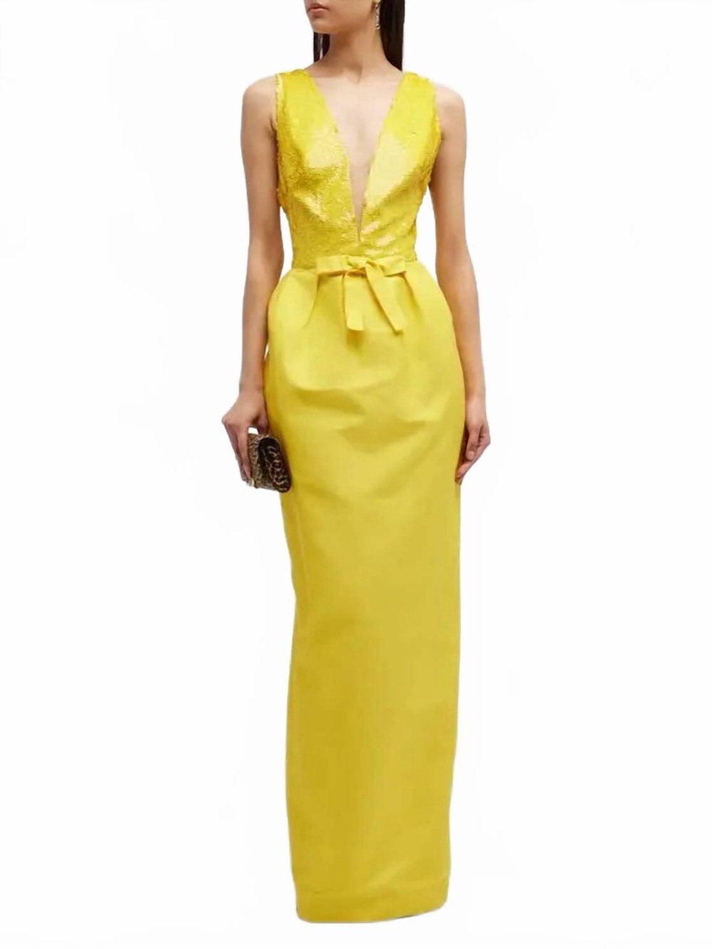 Monique Lhuillier Bright Yellow Plunging Lace Bodice Maxi Gown